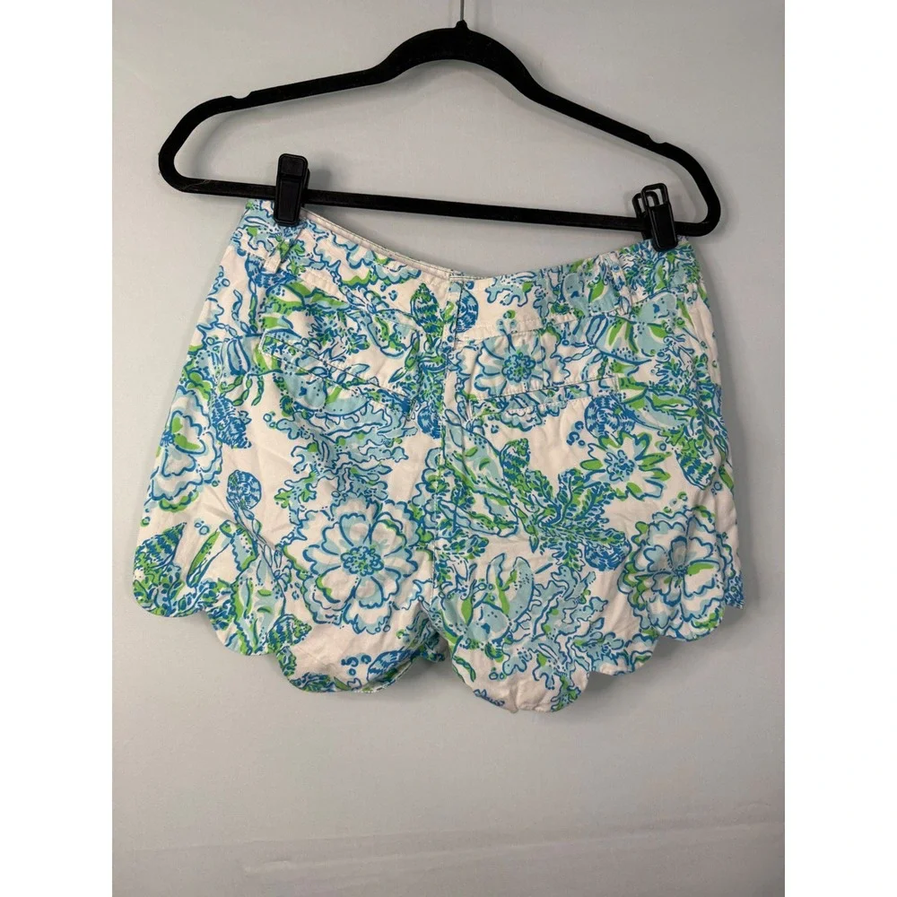 Lilly Pulitzer Buttercup Shorts Womens 4 Blue Green Floral Scalloped Hem Cotton